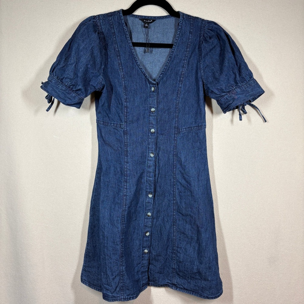 Sim & Sam Country Cowgirl Fitted Denim Mini Dress Sz Sm Blue Button Front‎ Flaw